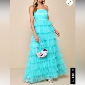 NWT Lulu’s Fabulous Existence Teal Green Tulle Strapless Tiered Maxi Dress Sz M
